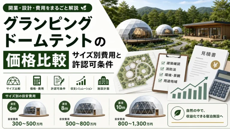 グランピングドームテントの価格比較｜サイズ別費用と許認可条件